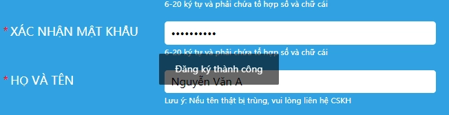 đăng ký 123B thành công