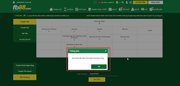 Bước 2 nạp tiền FB88 qua mã thẻ đại lý
